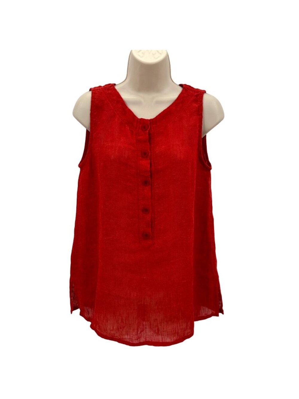 NWOT Flax Red Sleeveless Semi Sheer 100% Linen Button-Front Top Womens Small